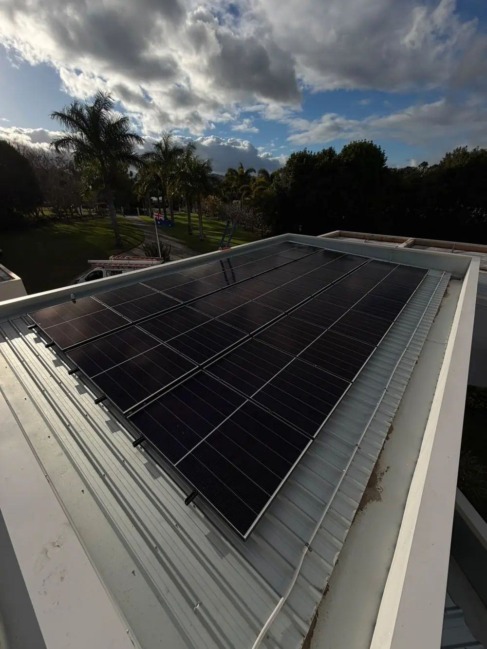 Solar panels on a flat roof section with palm trees behind